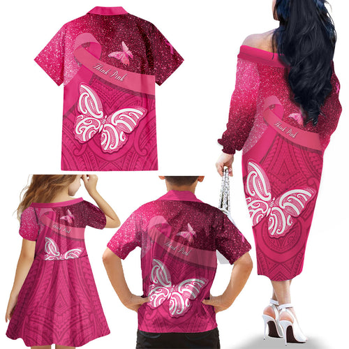 New Zealand Breast Cancer Awareness Family Matching Off The Shoulder Long Sleeve Dress and Hawaiian Shirt Pink Ribbon Butterfly Maori Pattern