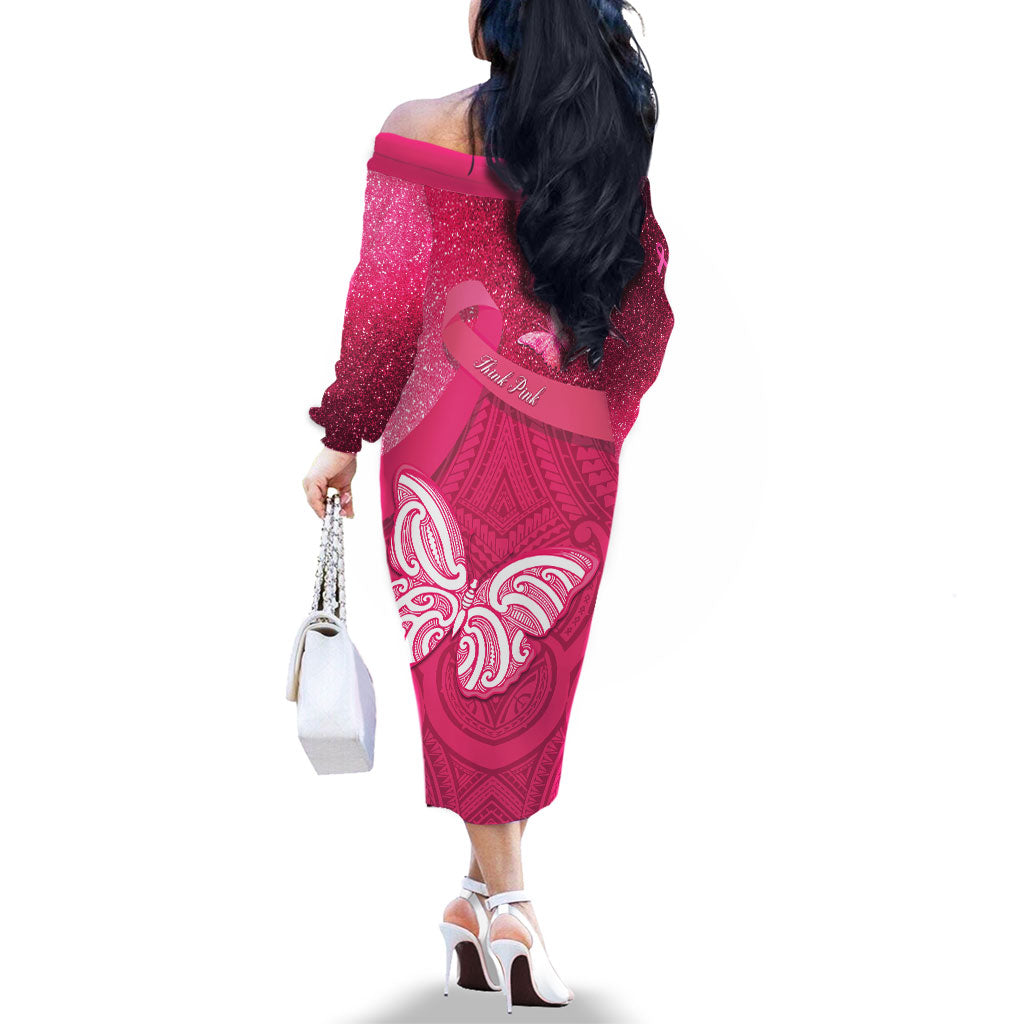 New Zealand Breast Cancer Awareness Family Matching Off The Shoulder Long Sleeve Dress and Hawaiian Shirt Pink Ribbon Butterfly Maori Pattern