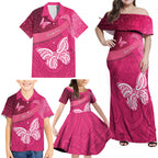New Zealand Breast Cancer Awareness Family Matching Off Shoulder Maxi Dress and Hawaiian Shirt Pink Ribbon Butterfly Maori Pattern