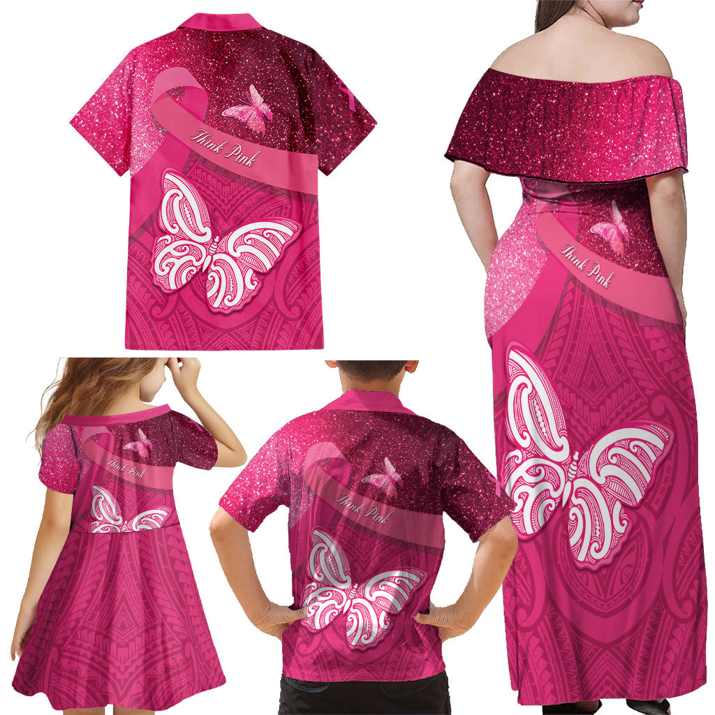 New Zealand Breast Cancer Awareness Family Matching Off Shoulder Maxi Dress and Hawaiian Shirt Pink Ribbon Butterfly Maori Pattern