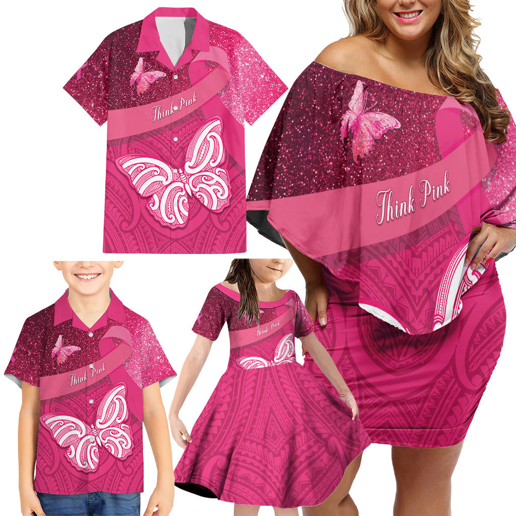 New Zealand Breast Cancer Awareness Family Matching Off Shoulder Short Dress and Hawaiian Shirt Pink Ribbon Butterfly Maori Pattern