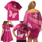 New Zealand Breast Cancer Awareness Family Matching Off Shoulder Short Dress and Hawaiian Shirt Pink Ribbon Butterfly Maori Pattern