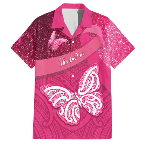 New Zealand Breast Cancer Awareness Family Matching Off Shoulder Short Dress and Hawaiian Shirt Pink Ribbon Butterfly Maori Pattern