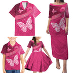 New Zealand Breast Cancer Awareness Family Matching Puletasi and Hawaiian Shirt Pink Ribbon Butterfly Maori Pattern