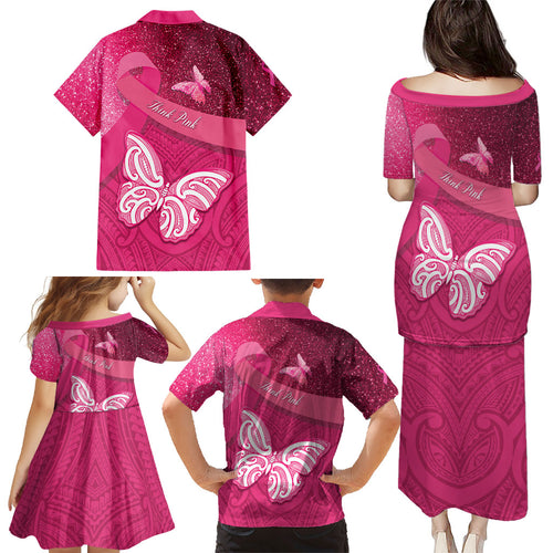 New Zealand Breast Cancer Awareness Family Matching Puletasi and Hawaiian Shirt Pink Ribbon Butterfly Maori Pattern