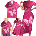 New Zealand Breast Cancer Awareness Family Matching Short Sleeve Bodycon Dress and Hawaiian Shirt Pink Ribbon Butterfly Maori Pattern