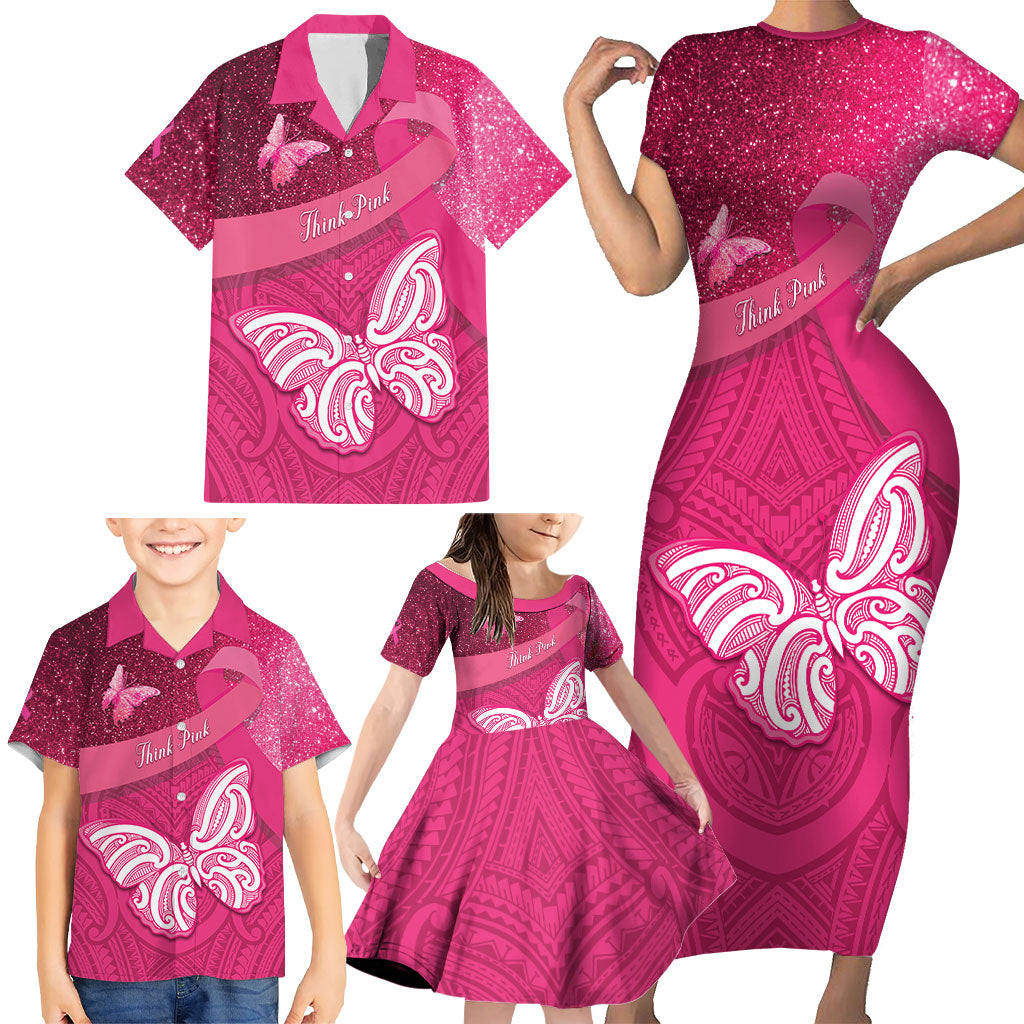 New Zealand Breast Cancer Awareness Family Matching Short Sleeve Bodycon Dress and Hawaiian Shirt Pink Ribbon Butterfly Maori Pattern