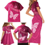 New Zealand Breast Cancer Awareness Family Matching Short Sleeve Bodycon Dress and Hawaiian Shirt Pink Ribbon Butterfly Maori Pattern