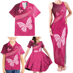 New Zealand Breast Cancer Awareness Family Matching Tank Maxi Dress and Hawaiian Shirt Pink Ribbon Butterfly Maori Pattern
