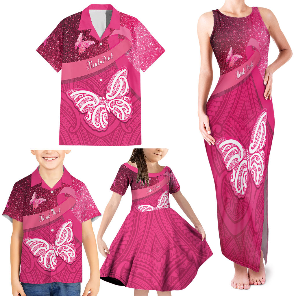 New Zealand Breast Cancer Awareness Family Matching Tank Maxi Dress and Hawaiian Shirt Pink Ribbon Butterfly Maori Pattern