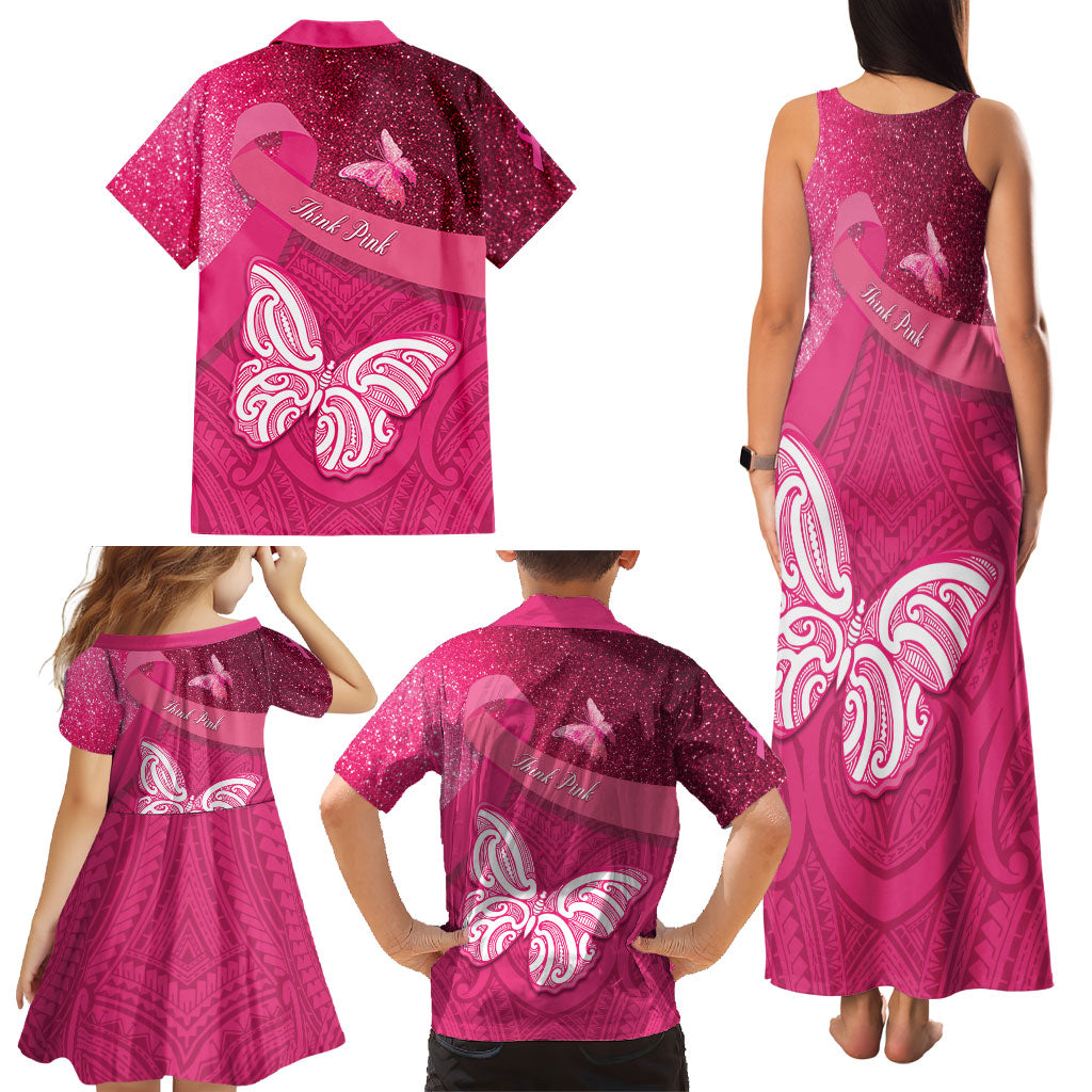 New Zealand Breast Cancer Awareness Family Matching Tank Maxi Dress and Hawaiian Shirt Pink Ribbon Butterfly Maori Pattern