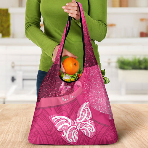 New Zealand Breast Cancer Awareness Grocery Bag Pink Ribbon Butterfly Maori Pattern