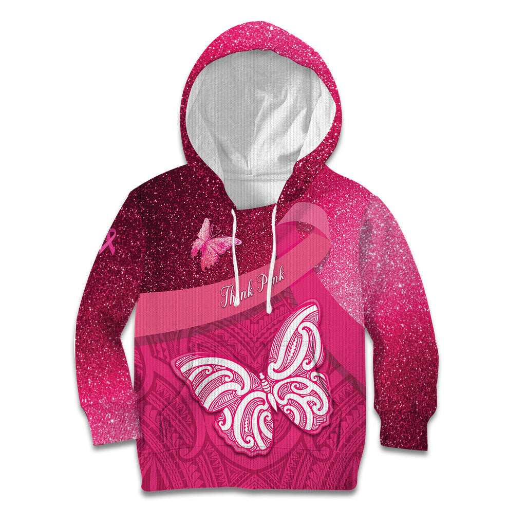 New Zealand Breast Cancer Awareness Kid Hoodie Pink Ribbon Butterfly Maori Pattern