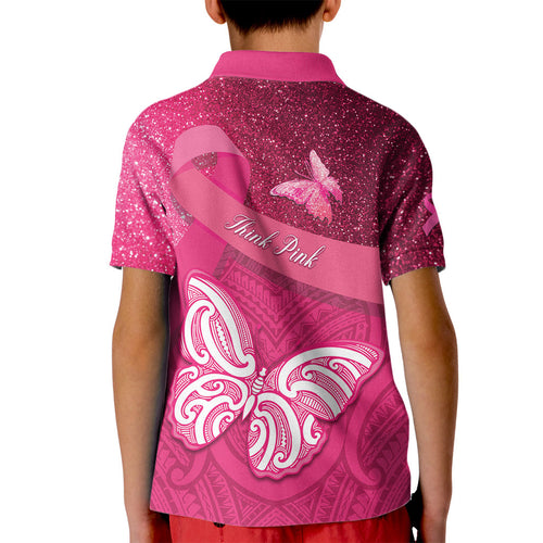 New Zealand Breast Cancer Awareness Kid Polo Shirt Pink Ribbon Butterfly Maori Pattern