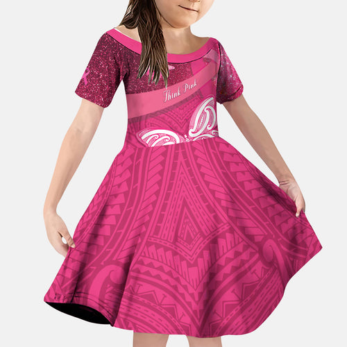 New Zealand Breast Cancer Awareness Kid Short Sleeve Dress Pink Ribbon Butterfly Maori Pattern
