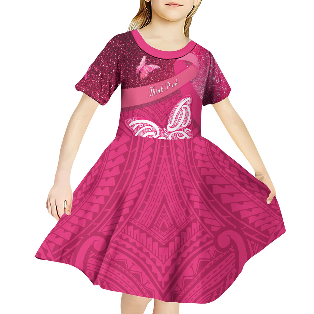 New Zealand Breast Cancer Awareness Kid Short Sleeve Dress Pink Ribbon Butterfly Maori Pattern
