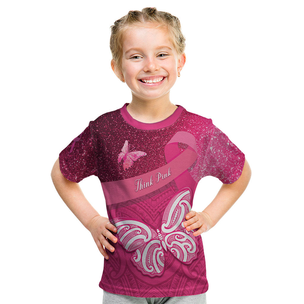 New Zealand Breast Cancer Awareness Kid T Shirt Pink Ribbon Butterfly Maori Pattern