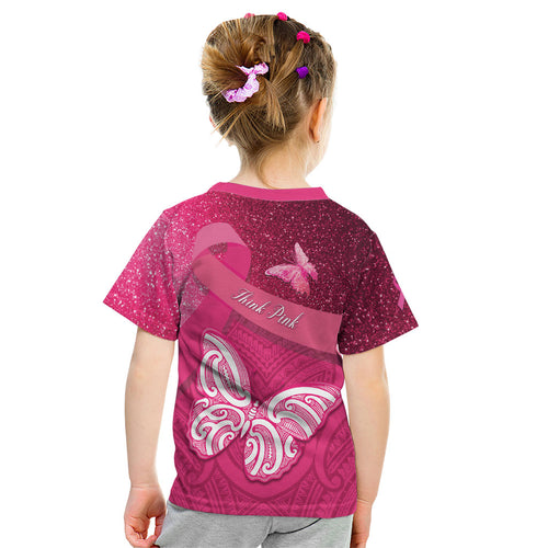 New Zealand Breast Cancer Awareness Kid T Shirt Pink Ribbon Butterfly Maori Pattern
