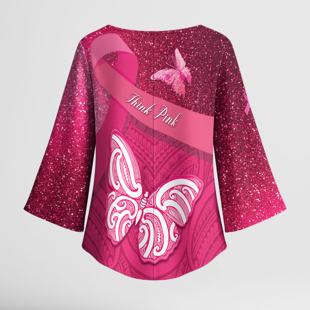 New Zealand Breast Cancer Awareness Kimono Sleeve Blouse Pink Ribbon Butterfly Maori Pattern