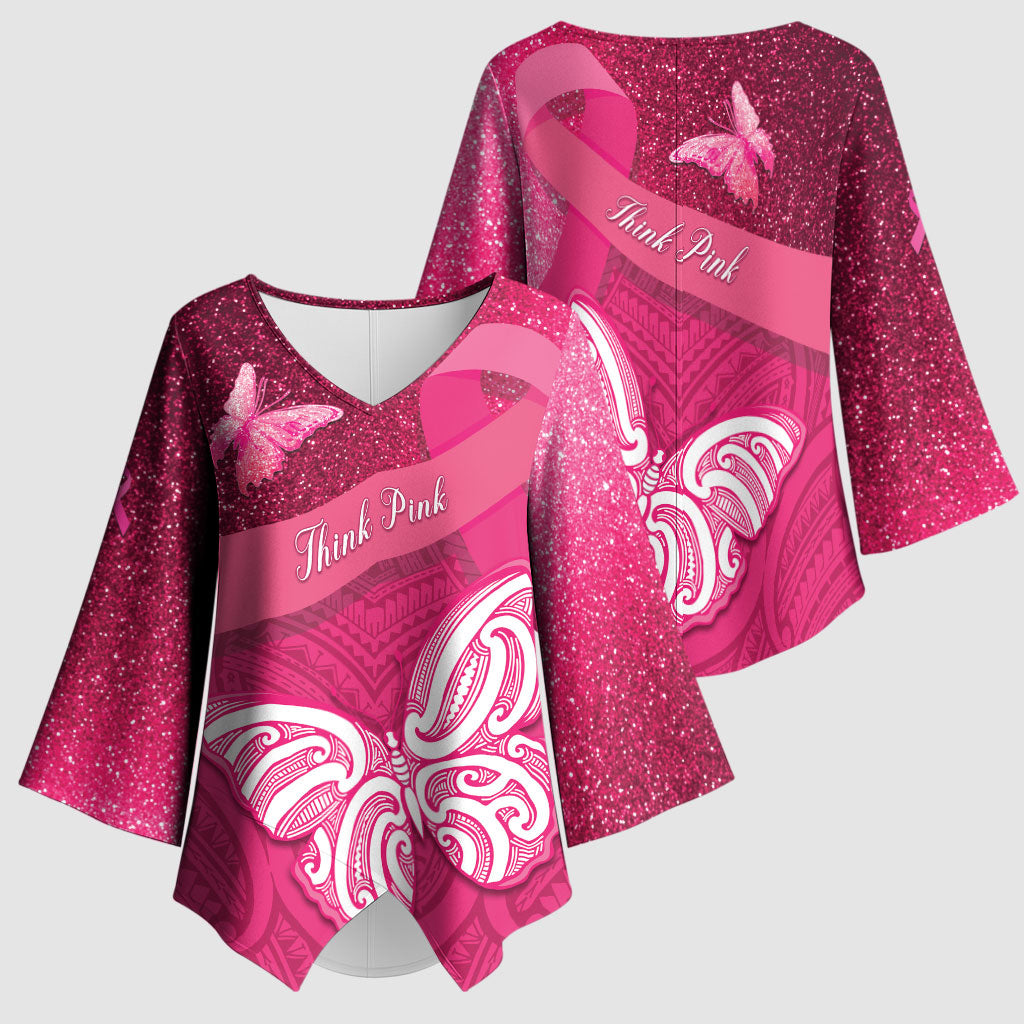 New Zealand Breast Cancer Awareness Kimono Sleeve Blouse Pink Ribbon Butterfly Maori Pattern