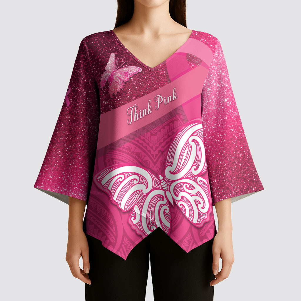 New Zealand Breast Cancer Awareness Kimono Sleeve Blouse Pink Ribbon Butterfly Maori Pattern