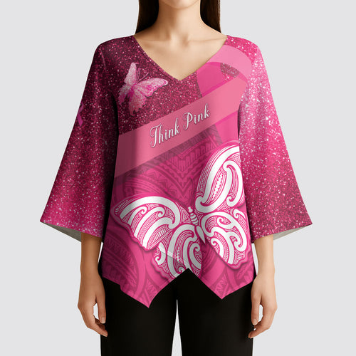 New Zealand Breast Cancer Awareness Kimono Sleeve Blouse Pink Ribbon Butterfly Maori Pattern
