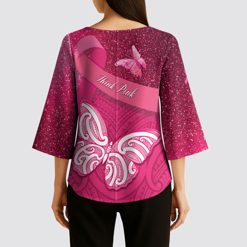 New Zealand Breast Cancer Awareness Kimono Sleeve Blouse Pink Ribbon Butterfly Maori Pattern