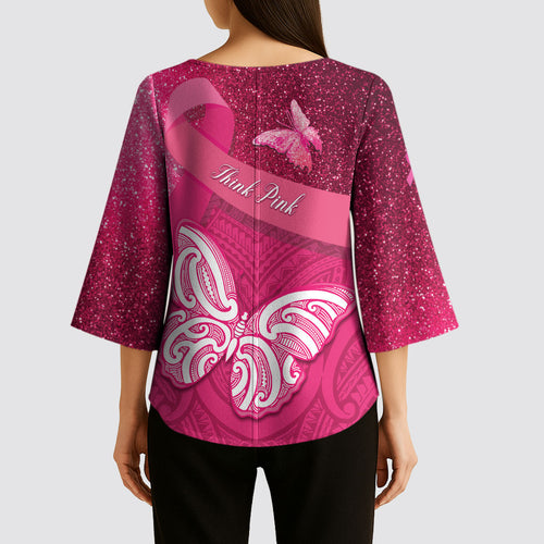 New Zealand Breast Cancer Awareness Kimono Sleeve Blouse Pink Ribbon Butterfly Maori Pattern