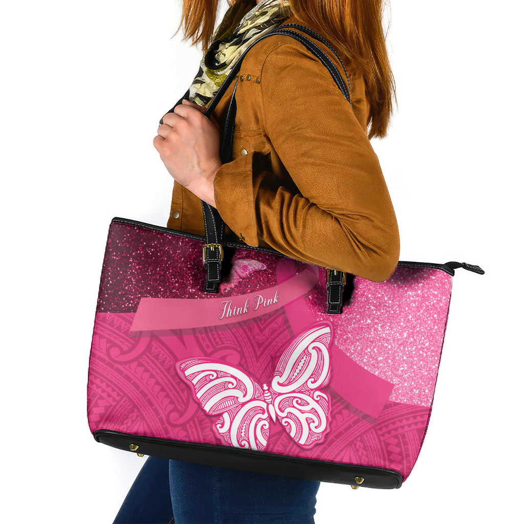 New Zealand Breast Cancer Awareness Leather Tote Bag Pink Ribbon Butterfly Maori Pattern