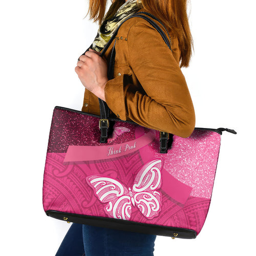 New Zealand Breast Cancer Awareness Leather Tote Bag Pink Ribbon Butterfly Maori Pattern