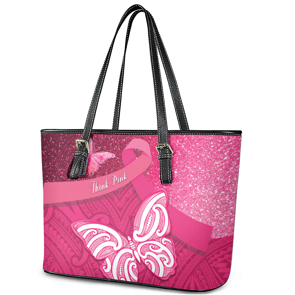 New Zealand Breast Cancer Awareness Leather Tote Bag Pink Ribbon Butterfly Maori Pattern