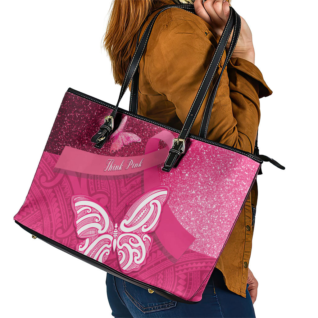 New Zealand Breast Cancer Awareness Leather Tote Bag Pink Ribbon Butterfly Maori Pattern