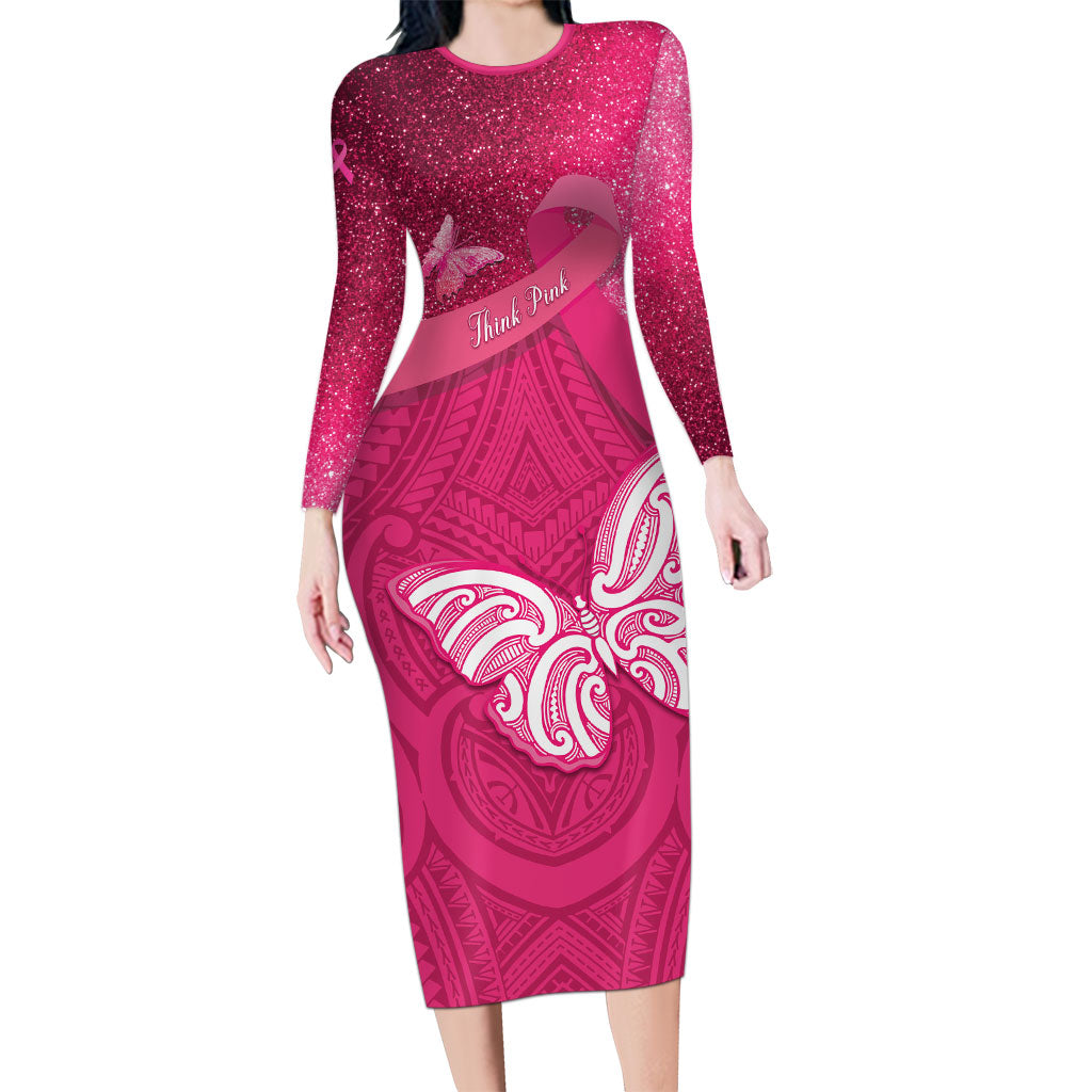 New Zealand Breast Cancer Awareness Long Sleeve Bodycon Dress Pink Ribbon Butterfly Maori Pattern