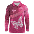 New Zealand Breast Cancer Awareness Long Sleeve Polo Shirt Pink Ribbon Butterfly Maori Pattern