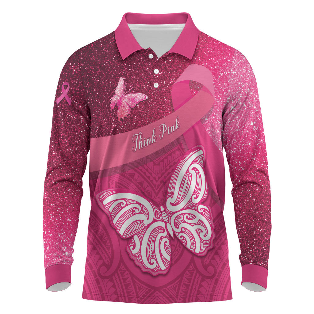 New Zealand Breast Cancer Awareness Long Sleeve Polo Shirt Pink Ribbon Butterfly Maori Pattern