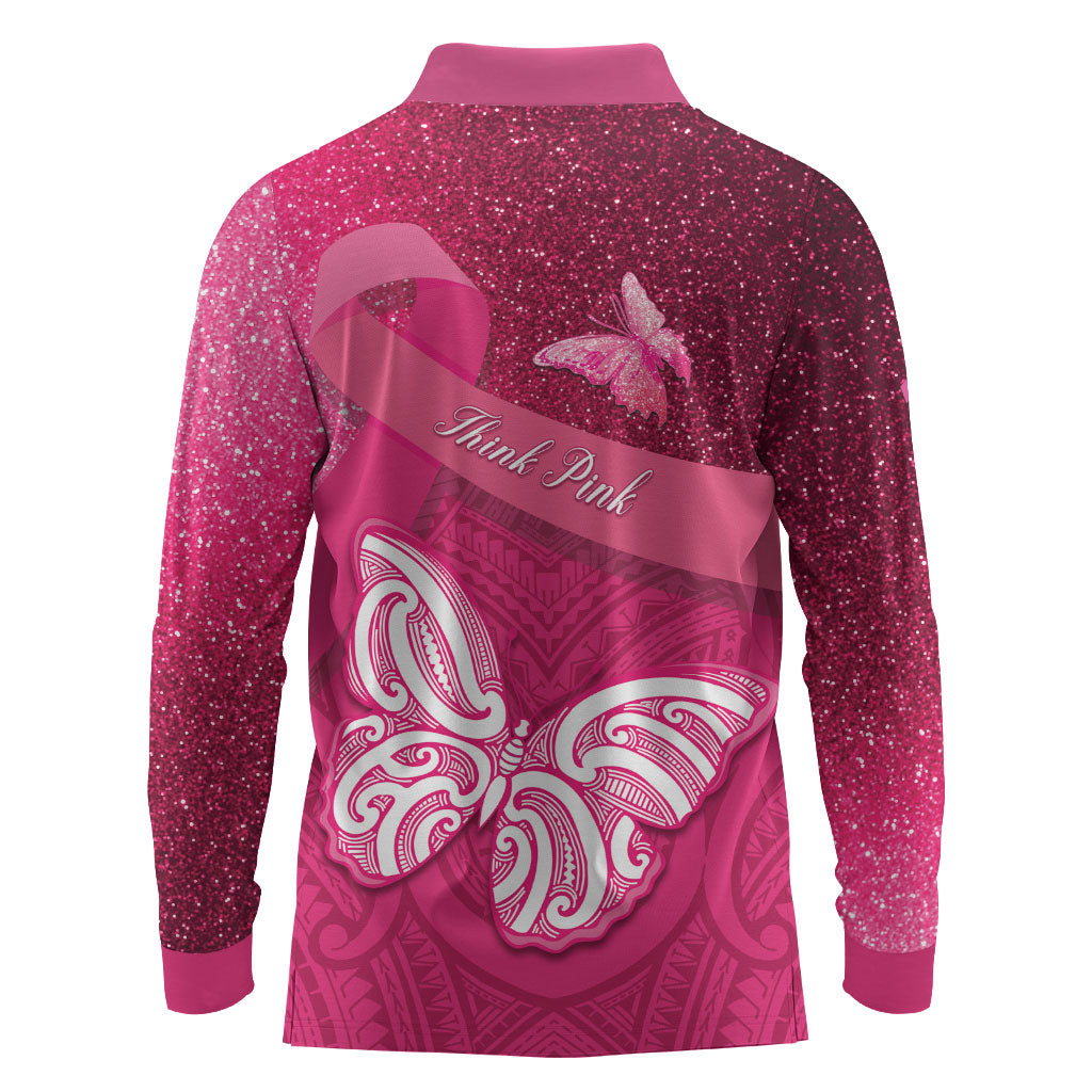 New Zealand Breast Cancer Awareness Long Sleeve Polo Shirt Pink Ribbon Butterfly Maori Pattern