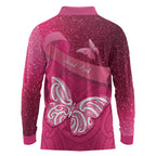 New Zealand Breast Cancer Awareness Long Sleeve Polo Shirt Pink Ribbon Butterfly Maori Pattern