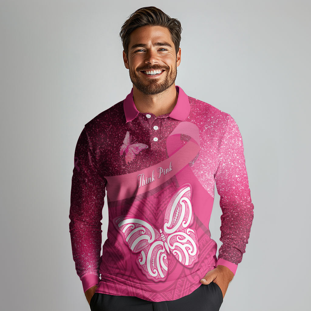 New Zealand Breast Cancer Awareness Long Sleeve Polo Shirt Pink Ribbon Butterfly Maori Pattern