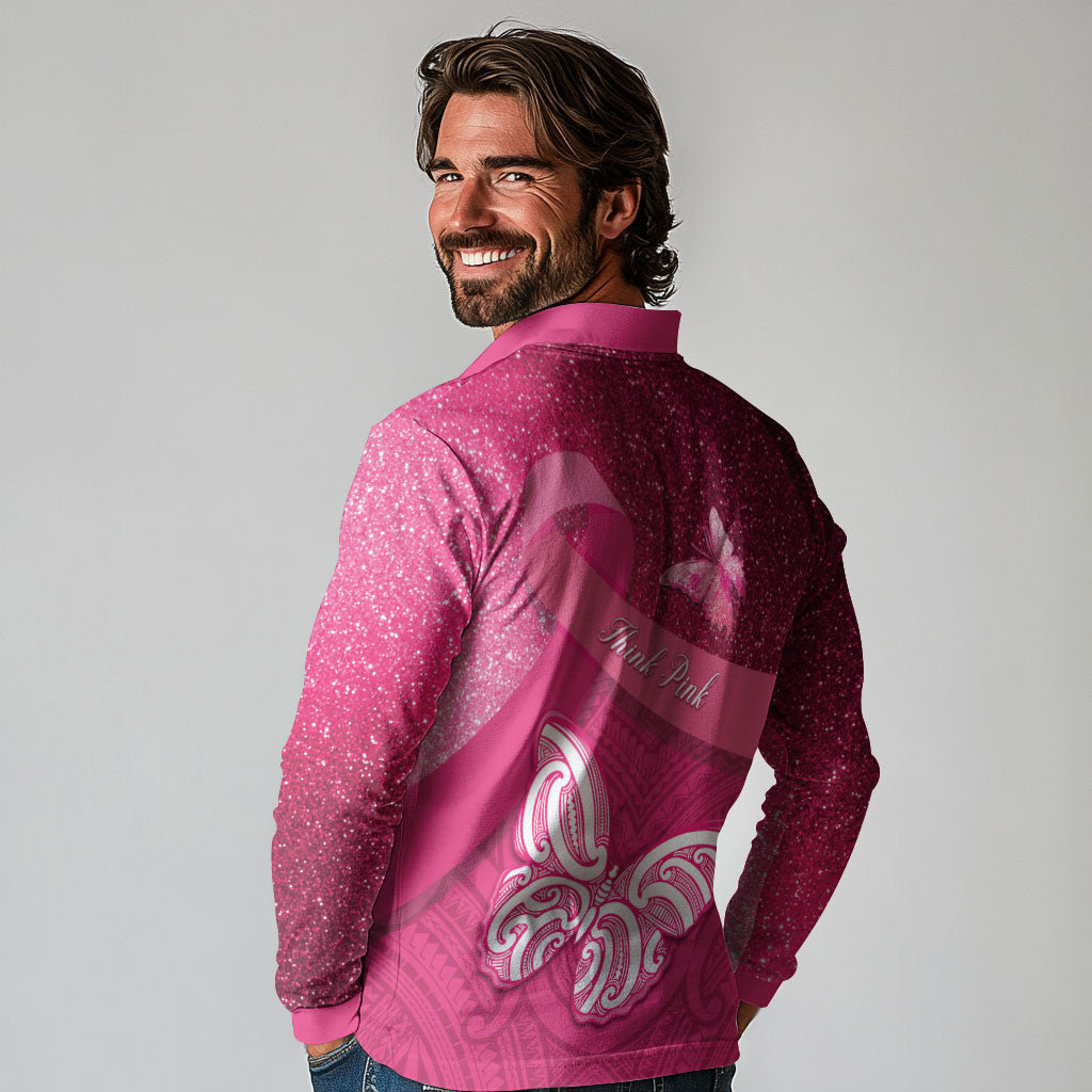 New Zealand Breast Cancer Awareness Long Sleeve Polo Shirt Pink Ribbon Butterfly Maori Pattern