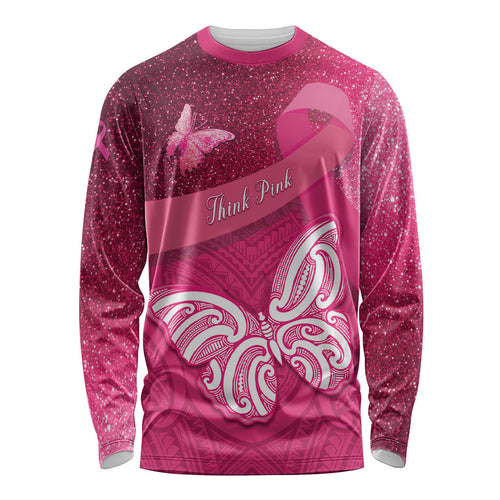 New Zealand Breast Cancer Awareness Long Sleeve Shirt Pink Ribbon Butterfly Maori Pattern