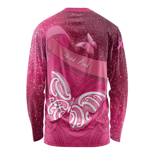 New Zealand Breast Cancer Awareness Long Sleeve Shirt Pink Ribbon Butterfly Maori Pattern