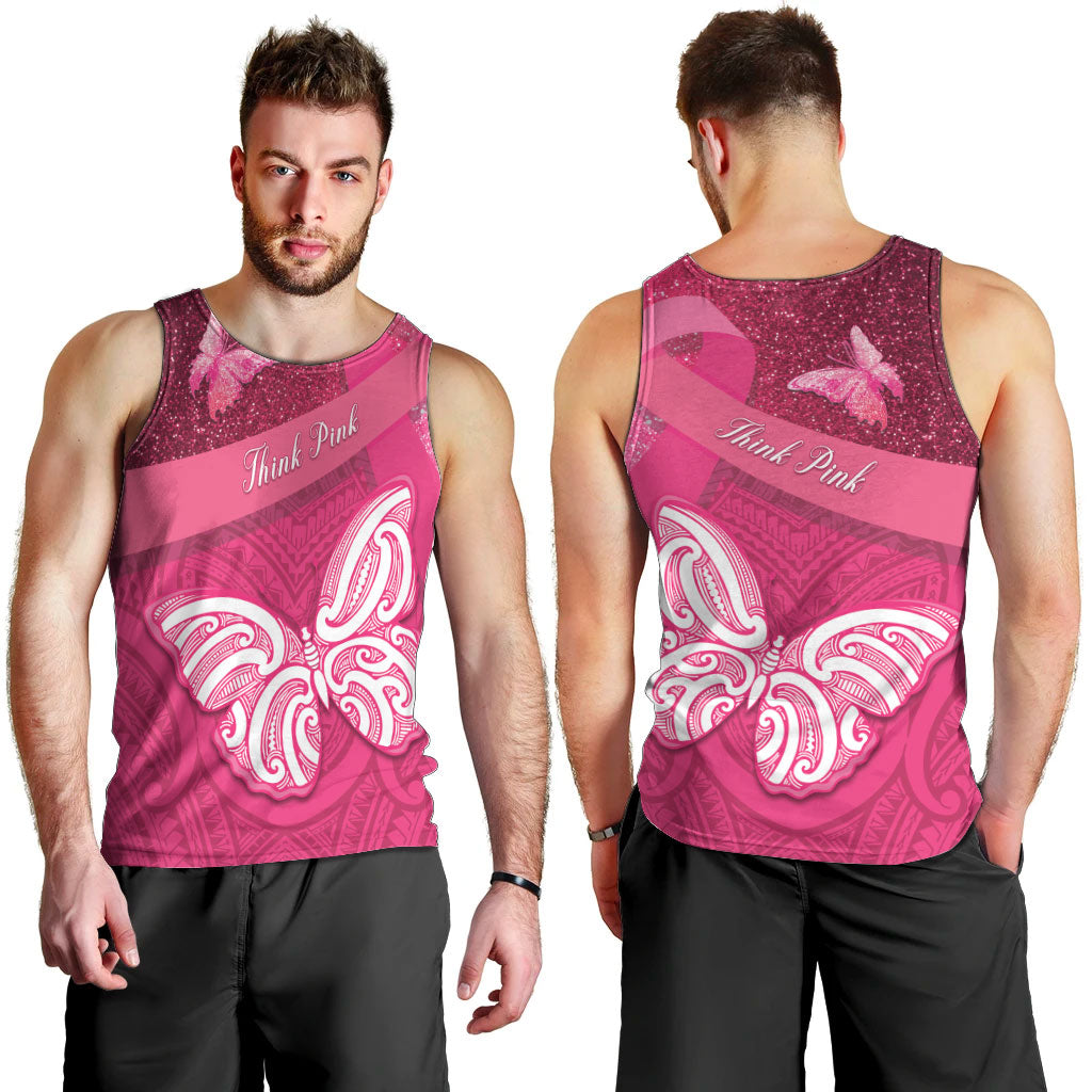 New Zealand Breast Cancer Awareness Men Tank Top Pink Ribbon Butterfly Maori Pattern