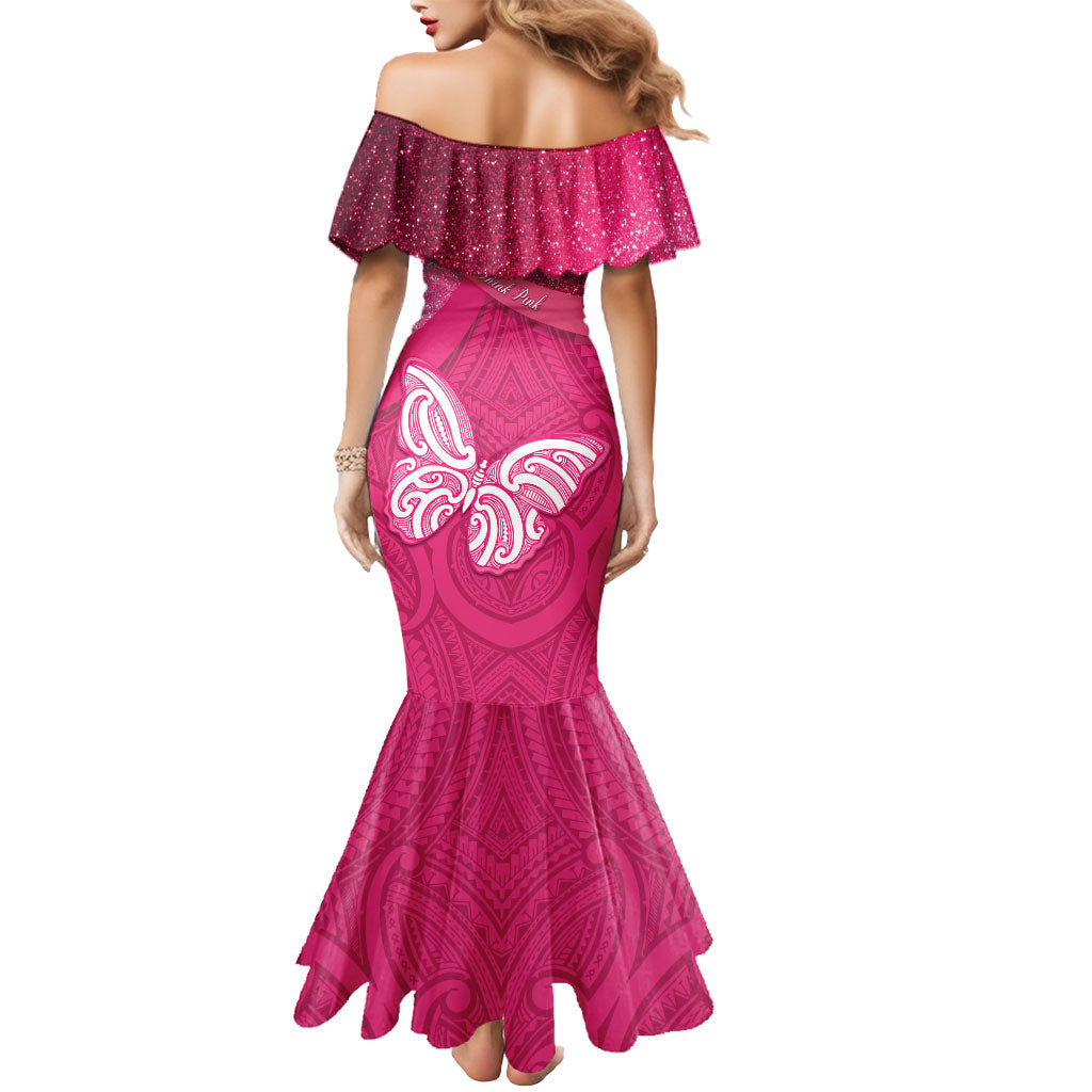 New Zealand Breast Cancer Awareness Mermaid Dress Pink Ribbon Butterfly Maori Pattern