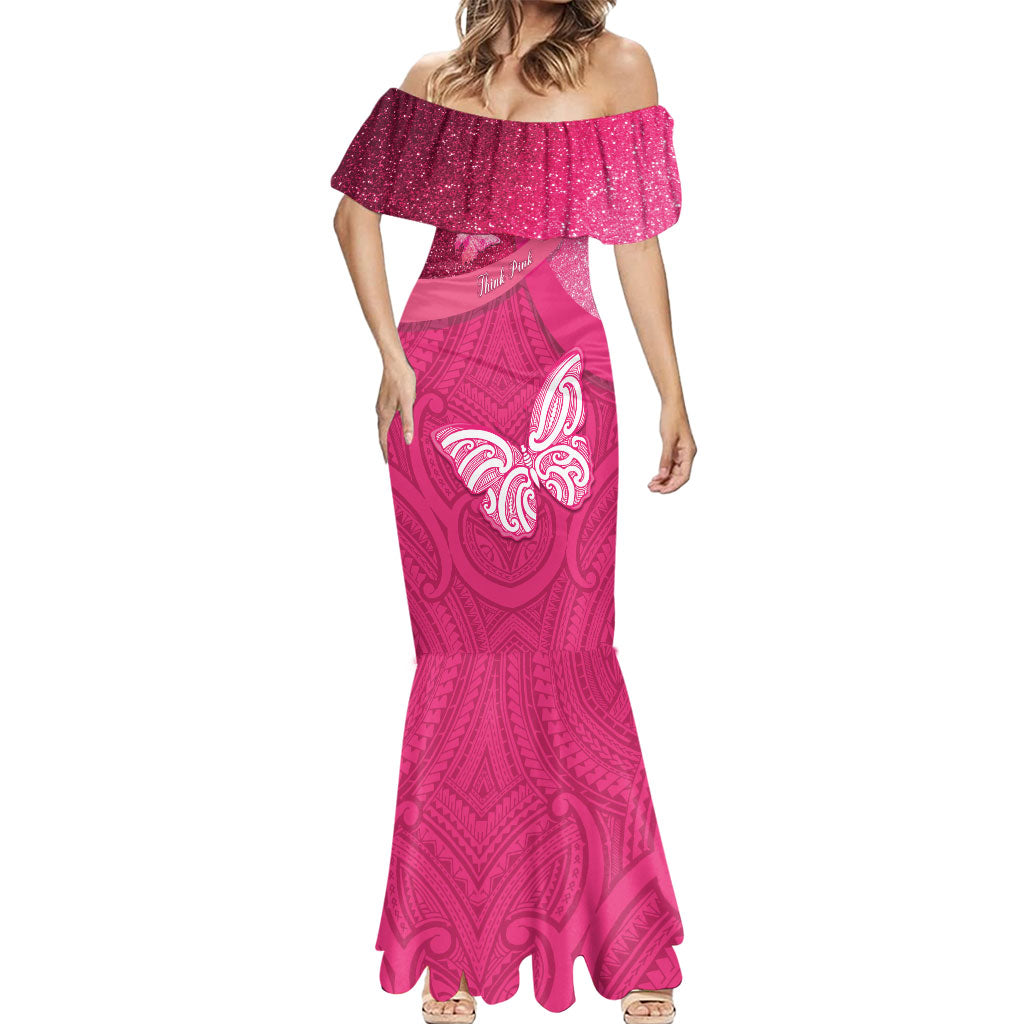 New Zealand Breast Cancer Awareness Mermaid Dress Pink Ribbon Butterfly Maori Pattern