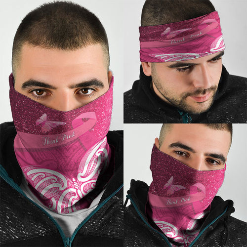 New Zealand Breast Cancer Awareness Neck Gaiter Pink Ribbon Butterfly Maori Pattern