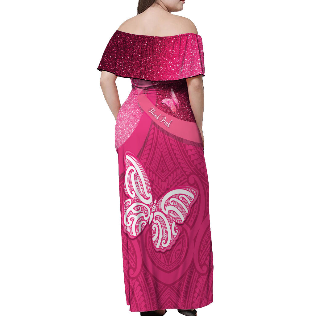New Zealand Breast Cancer Awareness Off Shoulder Maxi Dress Pink Ribbon Butterfly Maori Pattern