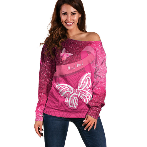 New Zealand Breast Cancer Awareness Off Shoulder Sweater Pink Ribbon Butterfly Maori Pattern