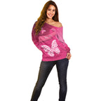 New Zealand Breast Cancer Awareness Off Shoulder Sweater Pink Ribbon Butterfly Maori Pattern