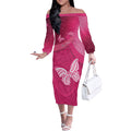 New Zealand Breast Cancer Awareness Off The Shoulder Long Sleeve Dress Pink Ribbon Butterfly Maori Pattern
