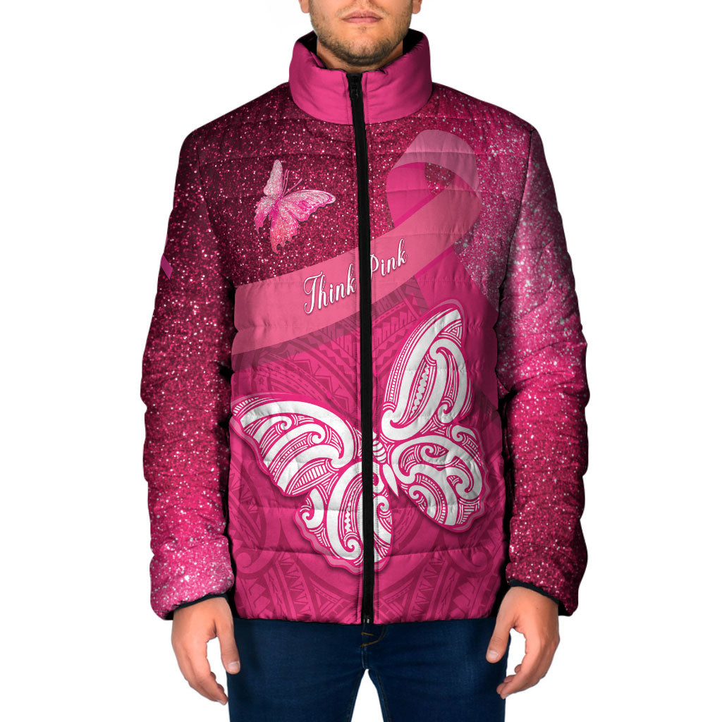 New Zealand Breast Cancer Awareness Padded Jacket Pink Ribbon Butterfly Maori Pattern